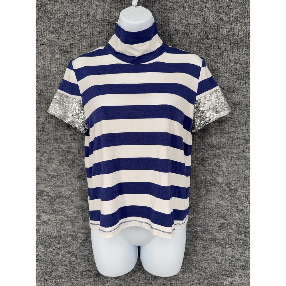 Maeve Shirt Womens S Blue Stripe Mock Neck Short Sleeve‎ Sequin Tee Jersey Top